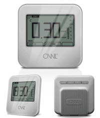 The white Owl electricity monitor with a grey LCD screen and black numbers
